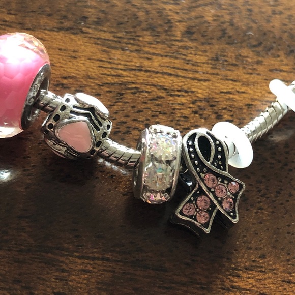 Pink Sterling Silver Bead Charm Breast Cancer Awareness Bracelet - Picture 2 of 12
